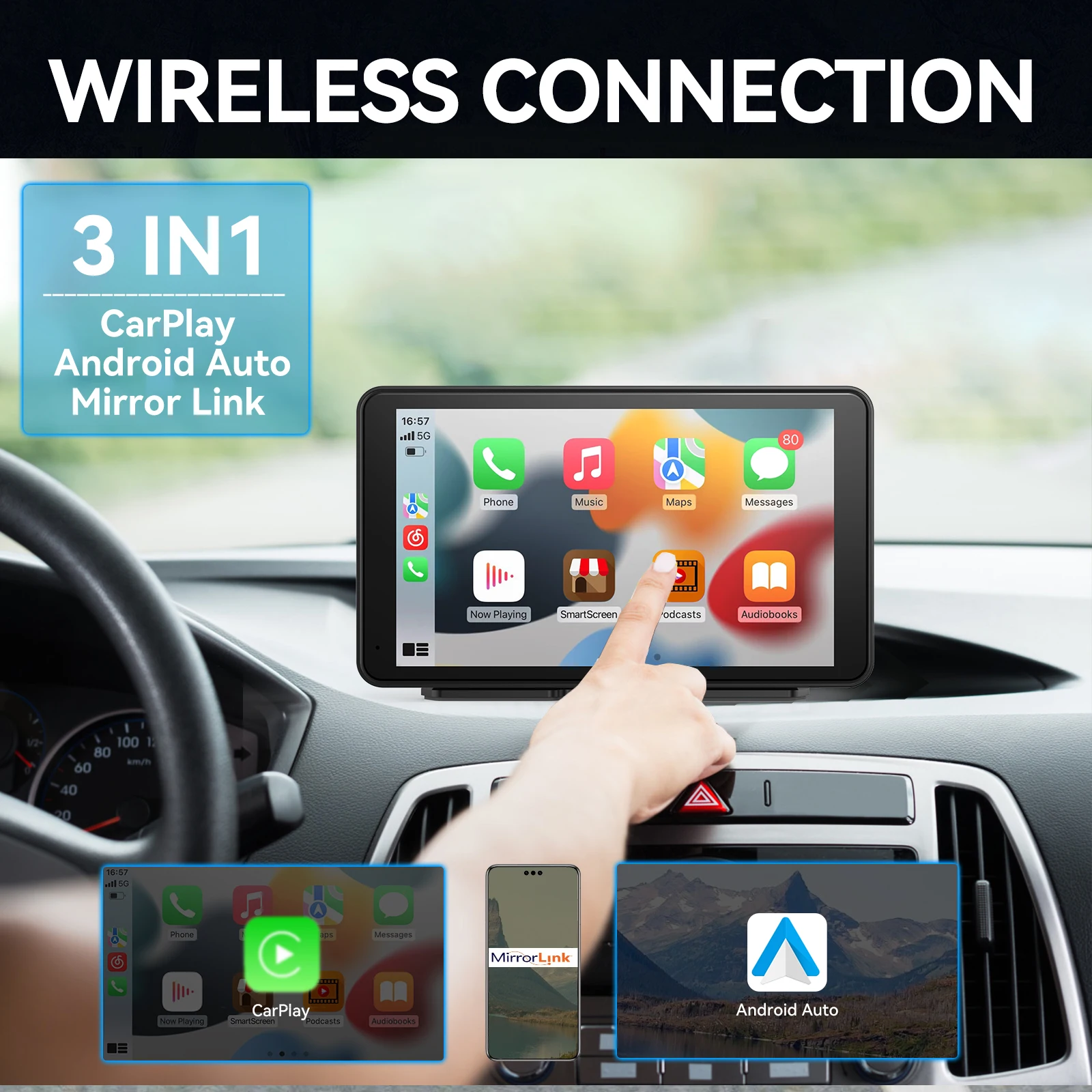 Portable CarPlay 7” Smart Touchscreen with Car Stereo, Wireless Android Auto/Mirror Link/ AUX Connection/FM Portable CarPlay 7'' Smart Touchscreen with Car Stereo, Wireless Android Auto/Mirror Link/ AUX Connection/FM